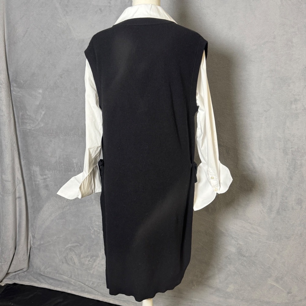 Elan Size L Black Ribbed Sweater Vest White Button Down Mixed Media Mini Dress - Picture 2 of 8
